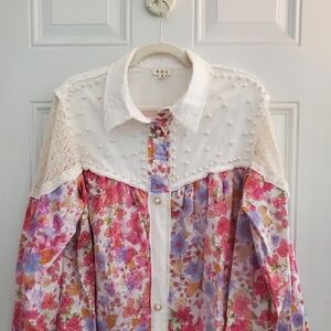 POL Floral Blouse with Pearl Accents